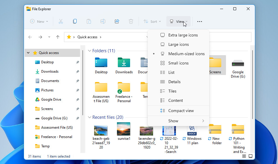 changing view in file explorer